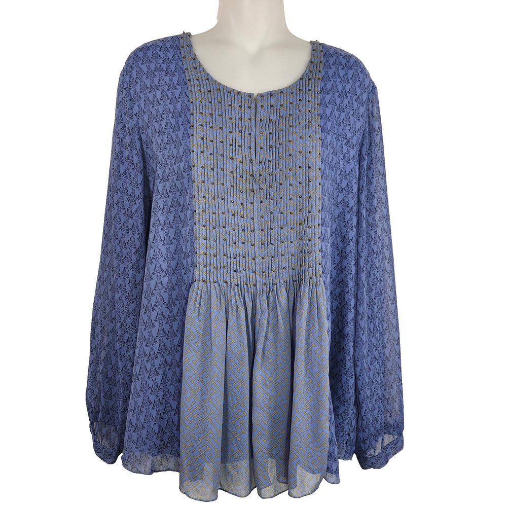 Coldwater Creek Woman Tunic Top L Pintuck Embellished Beaded Blue Boho Peasant